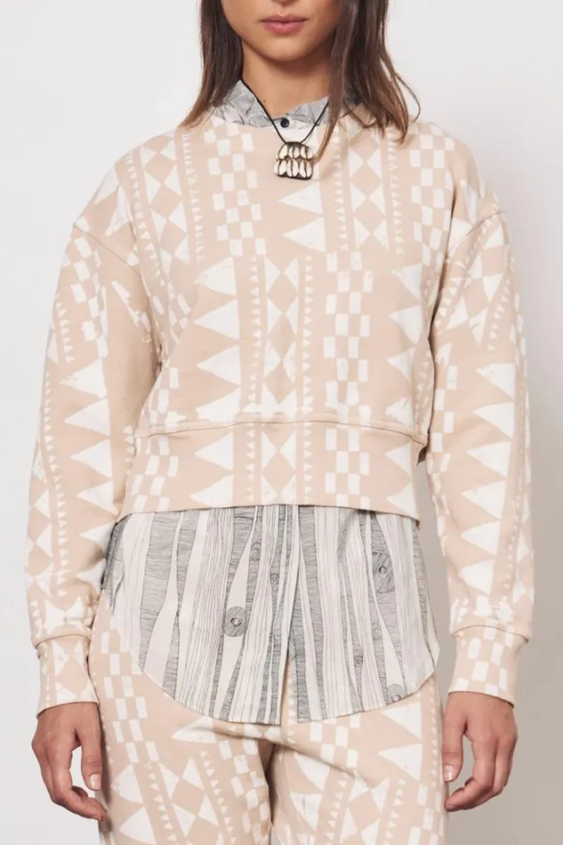 Raquel Allegra Tops Women Tribal Geo Camel and Dirty White Joberg Sweatshirt