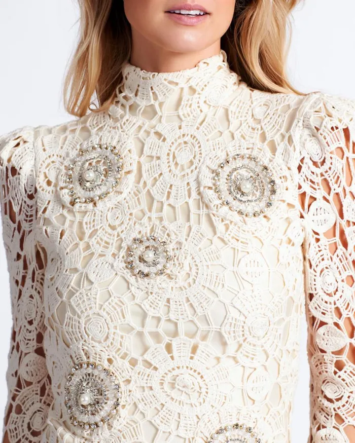 Ready To Wear Beaded Crochet Open Back Mini Dress PatBO Dresses and Jumpsuits
