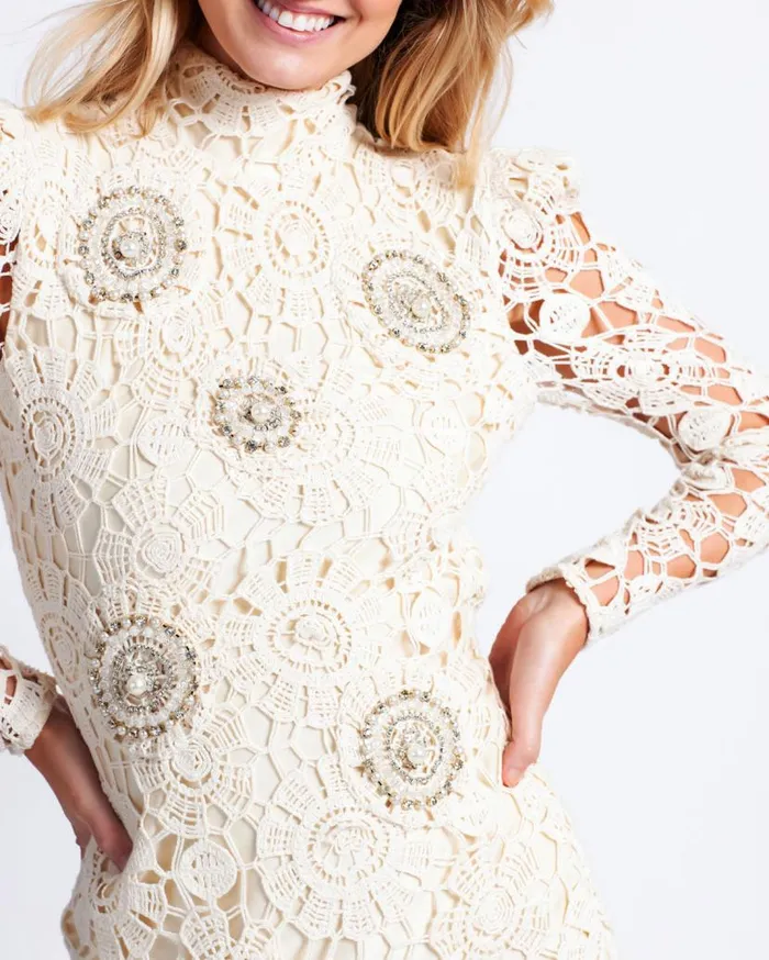 Ready To Wear Beaded Crochet Open Back Mini Dress PatBO Dresses and Jumpsuits
