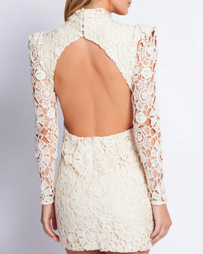Ready To Wear Beaded Crochet Open Back Mini Dress PatBO Dresses and Jumpsuits