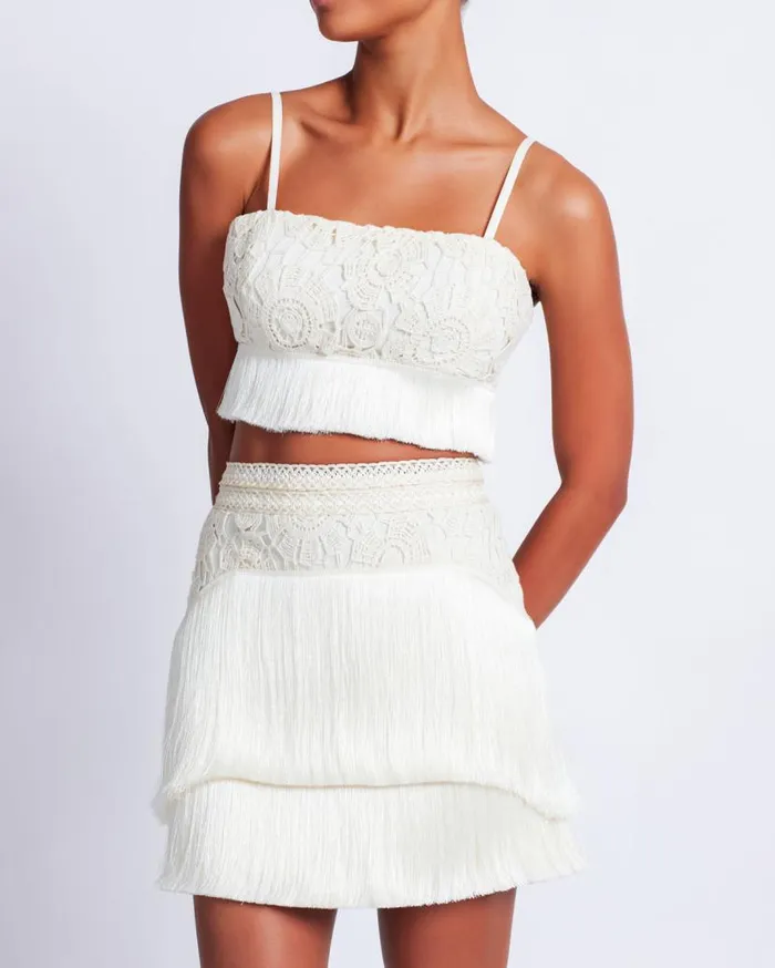 Ready To Wear Crochet Fringe Cropped Top PatBO Tops and Bodysuits
