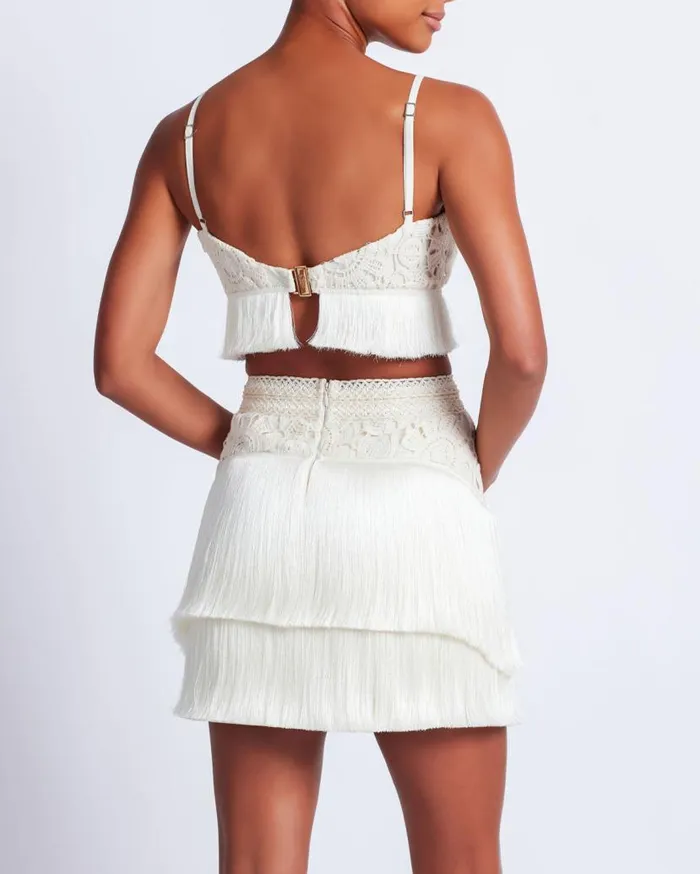 Ready To Wear Crochet Fringe Cropped Top PatBO Tops and Bodysuits