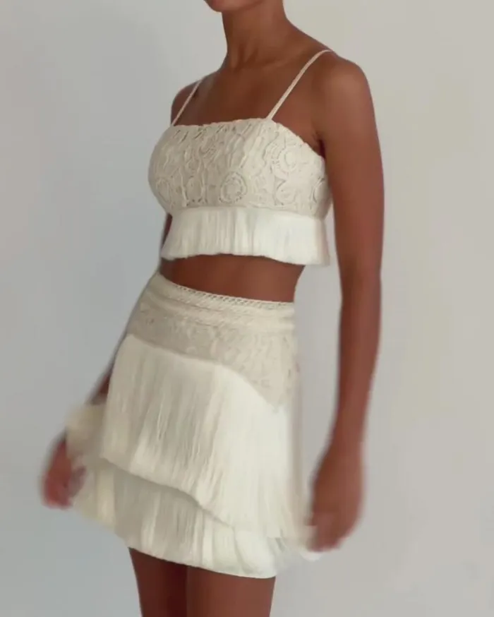 Ready To Wear Crochet Fringe Cropped Top PatBO Tops and Bodysuits