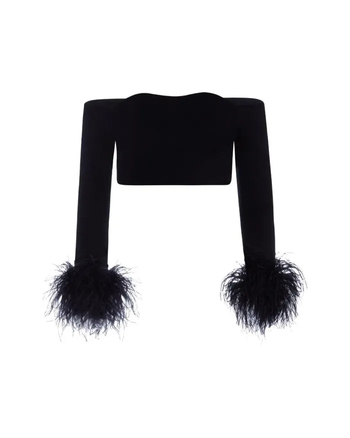 Ready To Wear Feather Trim Knit Top FINAL SALE PatBO Tops and Bodysuits