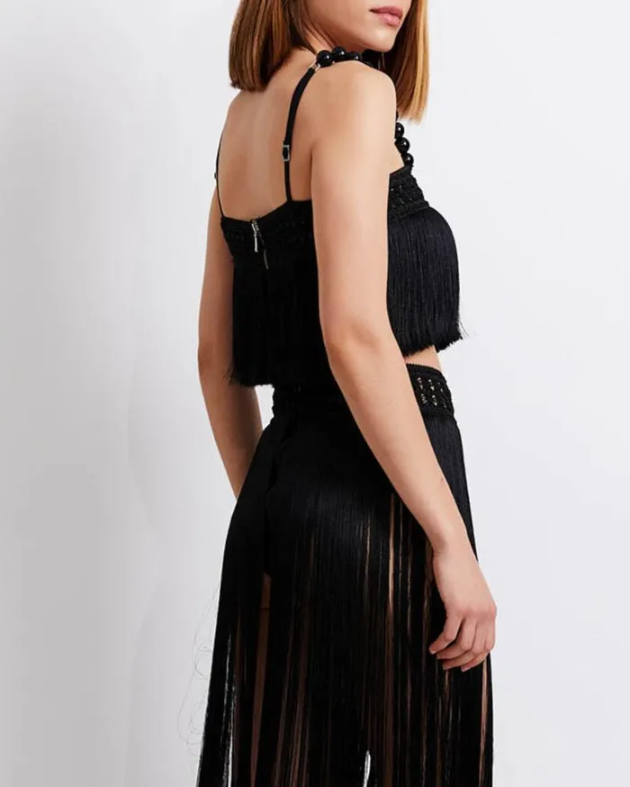 Ready To Wear Fringe Cropped Top With Pearl Beaded Straps FINAL SALE PatBO Tops and Bodysuits