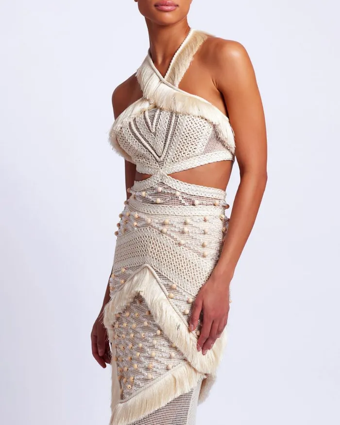 Ready To Wear Fringe Trim Halterneck Maxi Dress RUNWAY PatBO Dresses and Jumpsuits Ready To Wear Fringe Trim Halterneck Maxi Dress RUNWAY PatBO Dresses and Jumpsuits