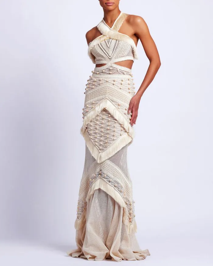 Ready To Wear Fringe Trim Halterneck Maxi Dress RUNWAY PatBO Dresses and Jumpsuits