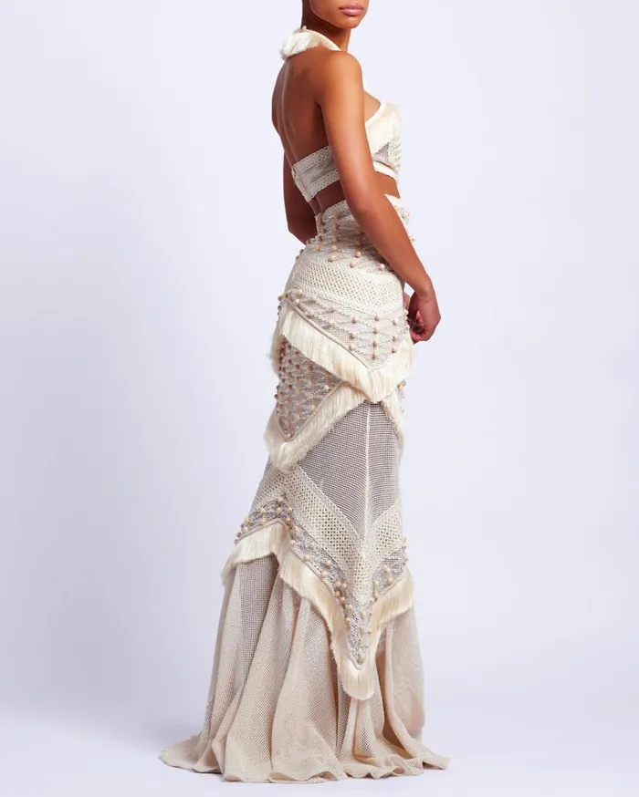 Ready To Wear Fringe Trim Halterneck Maxi Dress RUNWAY PatBO Dresses and Jumpsuits