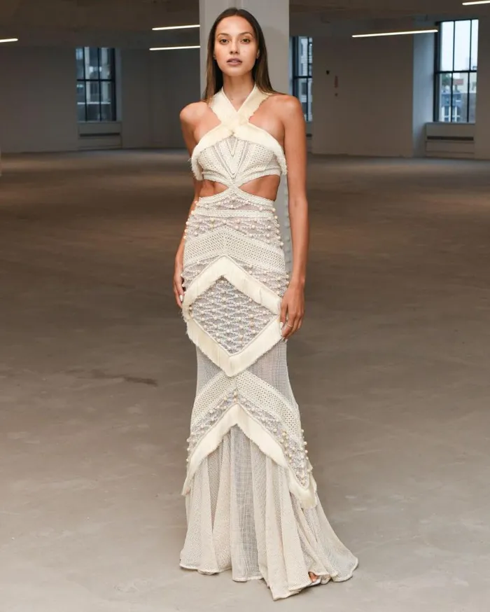 Ready To Wear Fringe Trim Halterneck Maxi Dress RUNWAY PatBO Dresses and Jumpsuits
