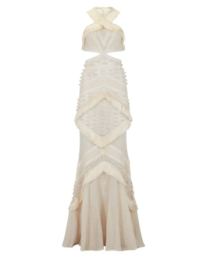 Ready To Wear Fringe Trim Halterneck Maxi Dress RUNWAY PatBO Dresses and Jumpsuits