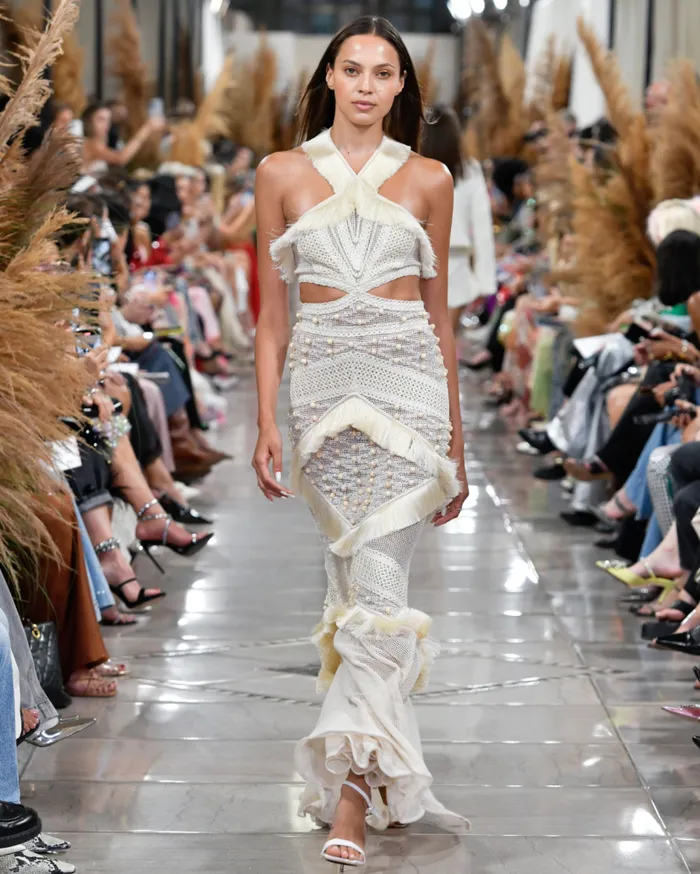 Ready To Wear Fringe Trim Halterneck Maxi Dress RUNWAY PatBO Dresses and Jumpsuits