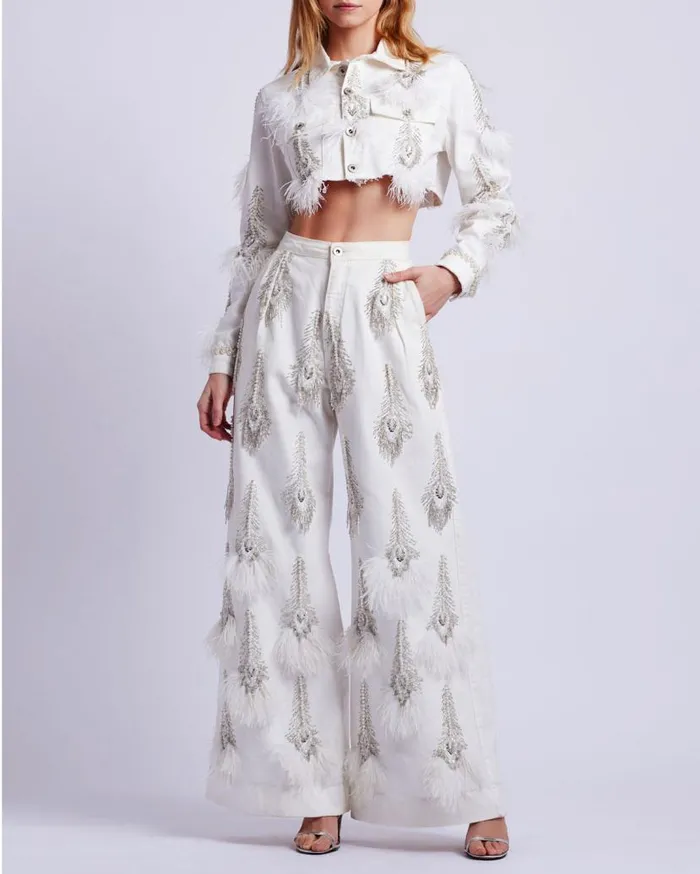 Ready To Wear HandBeaded Denim And Feather Jeans RUNWAY PatBO Bottoms