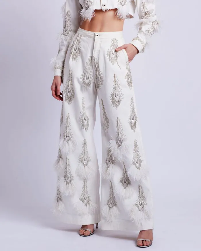 Ready To Wear HandBeaded Denim And Feather Jeans RUNWAY PatBO Bottoms