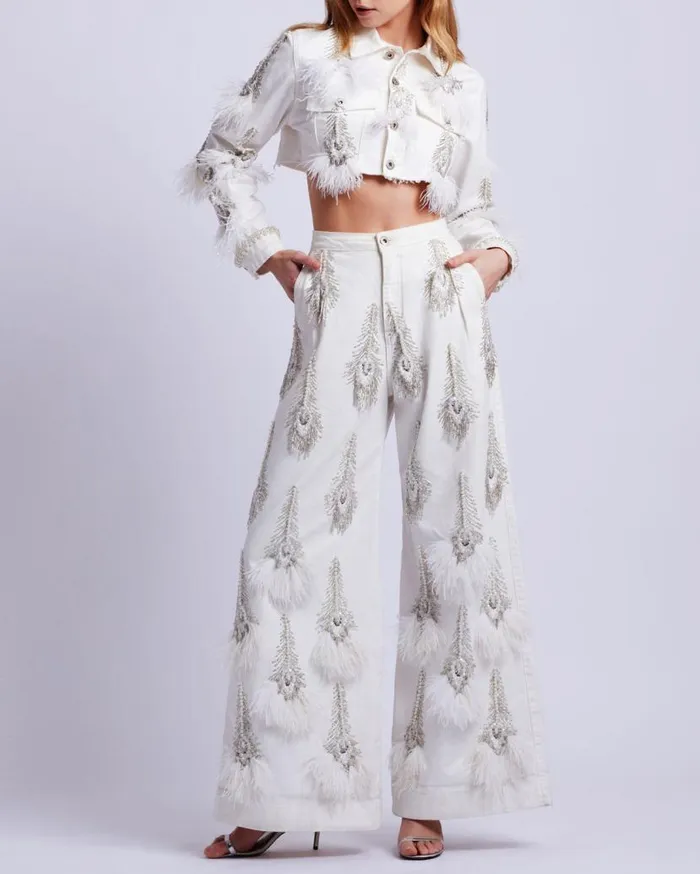 Ready To Wear HandBeaded Denim And Feather Jeans RUNWAY PatBO Bottoms