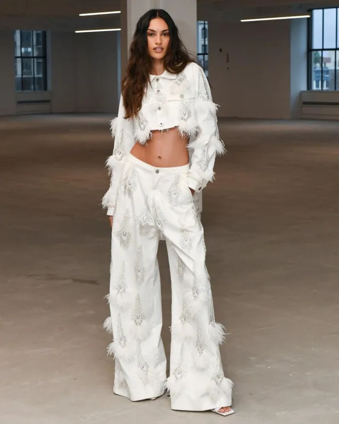 Ready To Wear HandBeaded Denim And Feather Jeans RUNWAY PatBO Bottoms