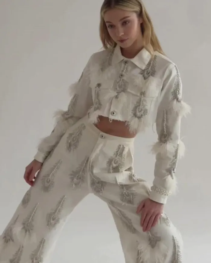 Ready To Wear HandBeaded Denim And Feather Jeans RUNWAY PatBO Bottoms