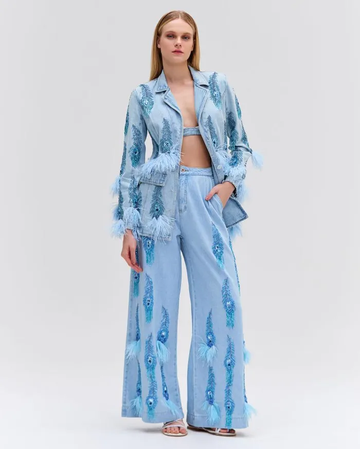 Ready To Wear HandBeaded Denim Blazer EXCLUSIVE PatBO Matching Sets