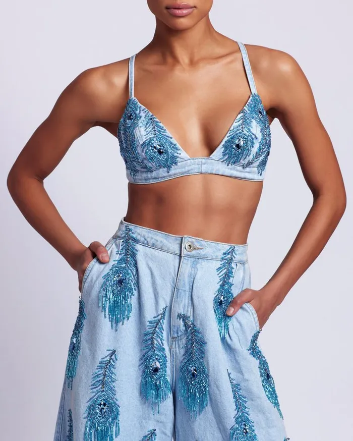 Ready To Wear HandBeaded Denim Bralette PatBO Tops and Bodysuits
