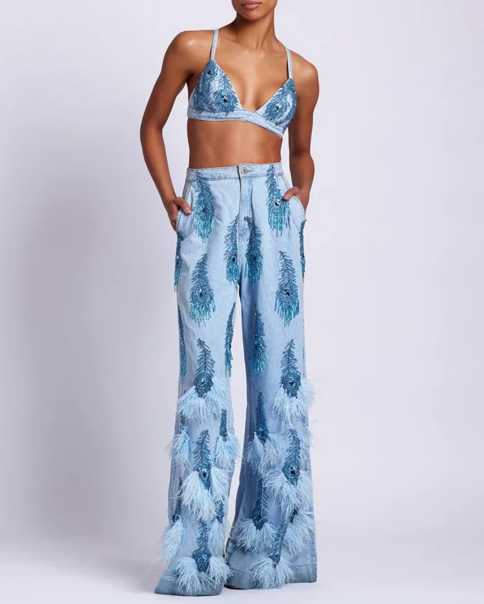 Ready To Wear HandBeaded Denim Bralette PatBO Tops and Bodysuits