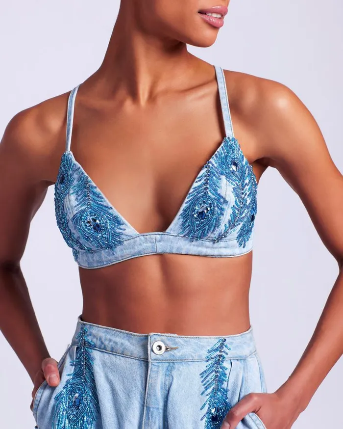 Ready To Wear HandBeaded Denim Bralette PatBO Tops and Bodysuits
