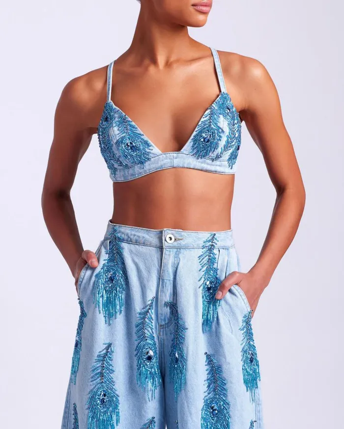 Ready To Wear HandBeaded Denim Bralette PatBO Tops and Bodysuits