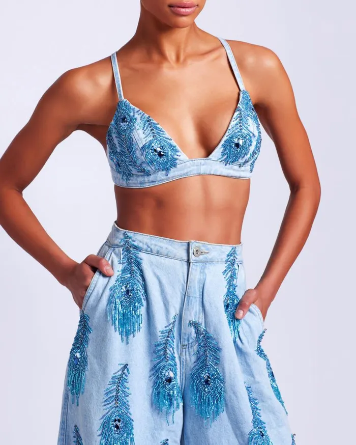 Ready To Wear HandBeaded Denim Bralette PatBO Tops and Bodysuits