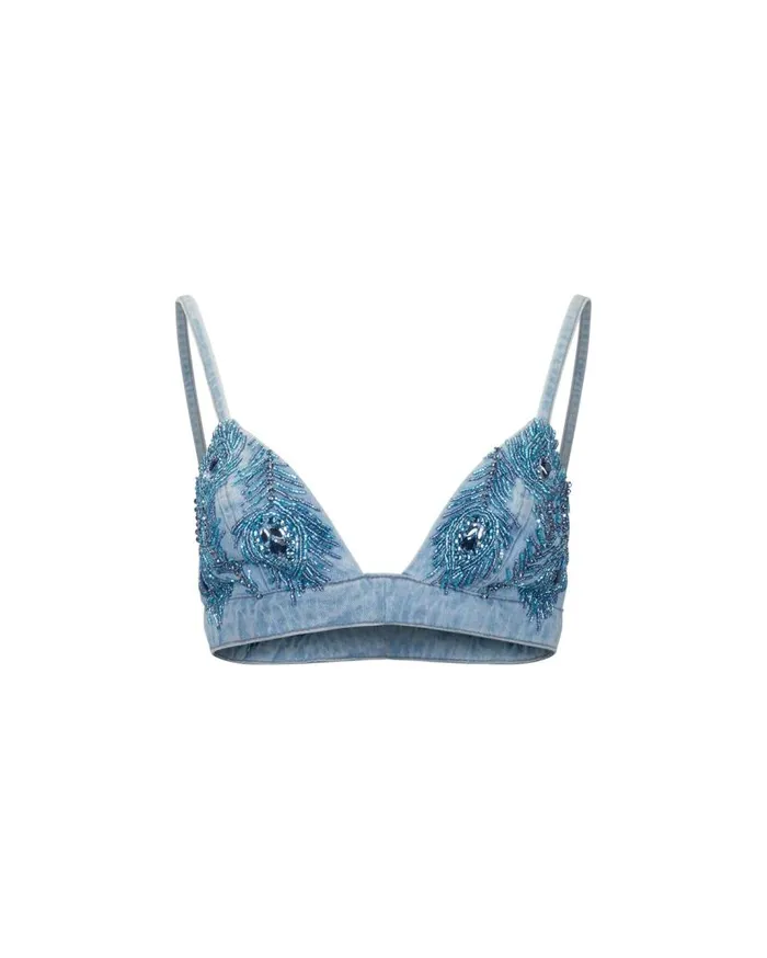 Ready To Wear HandBeaded Denim Bralette PatBO Tops and Bodysuits