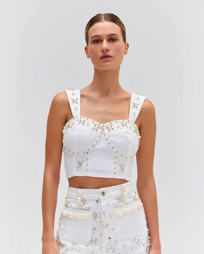 Ready To Wear Handbeaded Denim Top PatBO Tops and Bodysuits