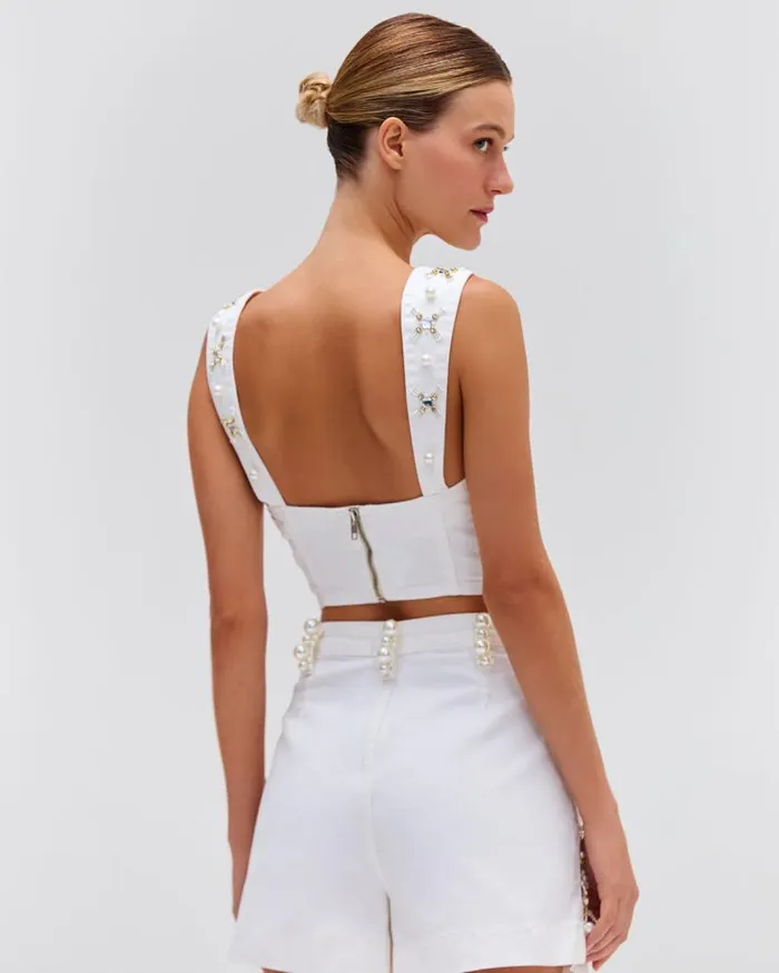 Ready To Wear Handbeaded Denim Top PatBO Tops and Bodysuits