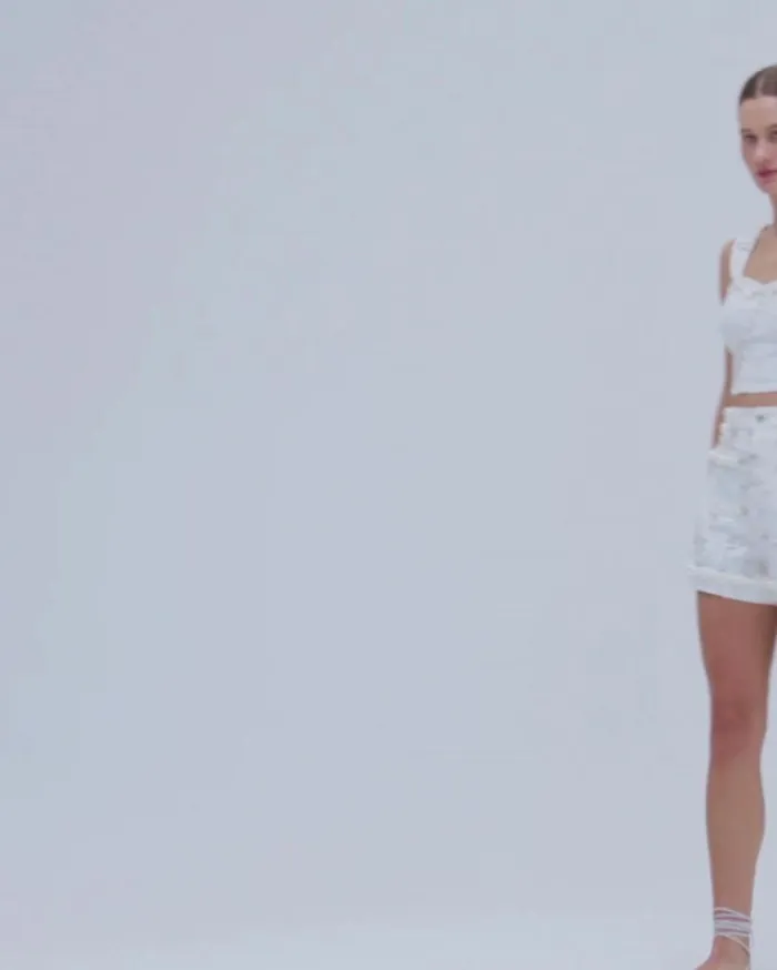 Ready To Wear Handbeaded Denim Top PatBO Tops and Bodysuits