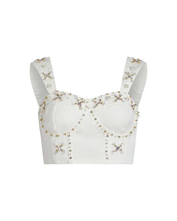 Ready To Wear Handbeaded Denim Top PatBO Tops and Bodysuits