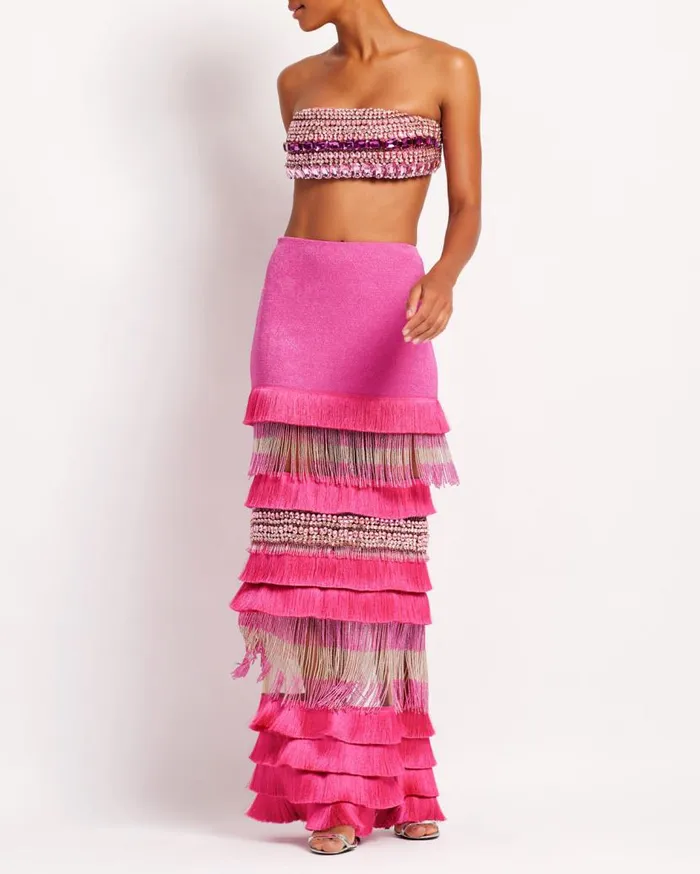 Ready To Wear HANDBEADED FRINGE TRIM MAXI SKIRT FINAL SALE PatBO Bottoms
