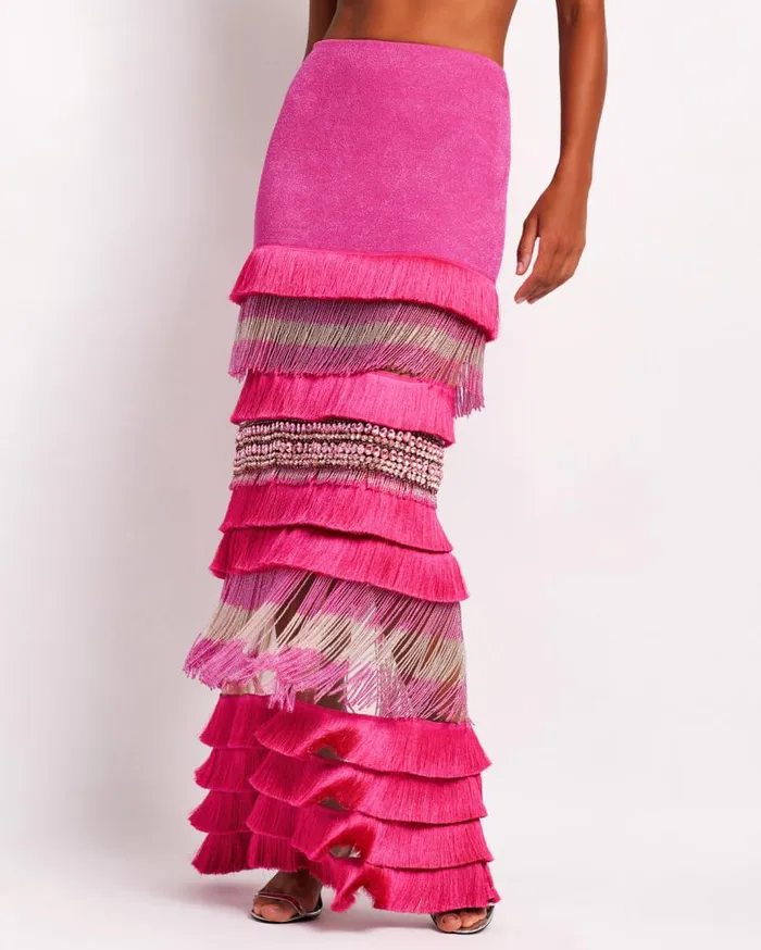 Ready To Wear HANDBEADED FRINGE TRIM MAXI SKIRT FINAL SALE PatBO Bottoms