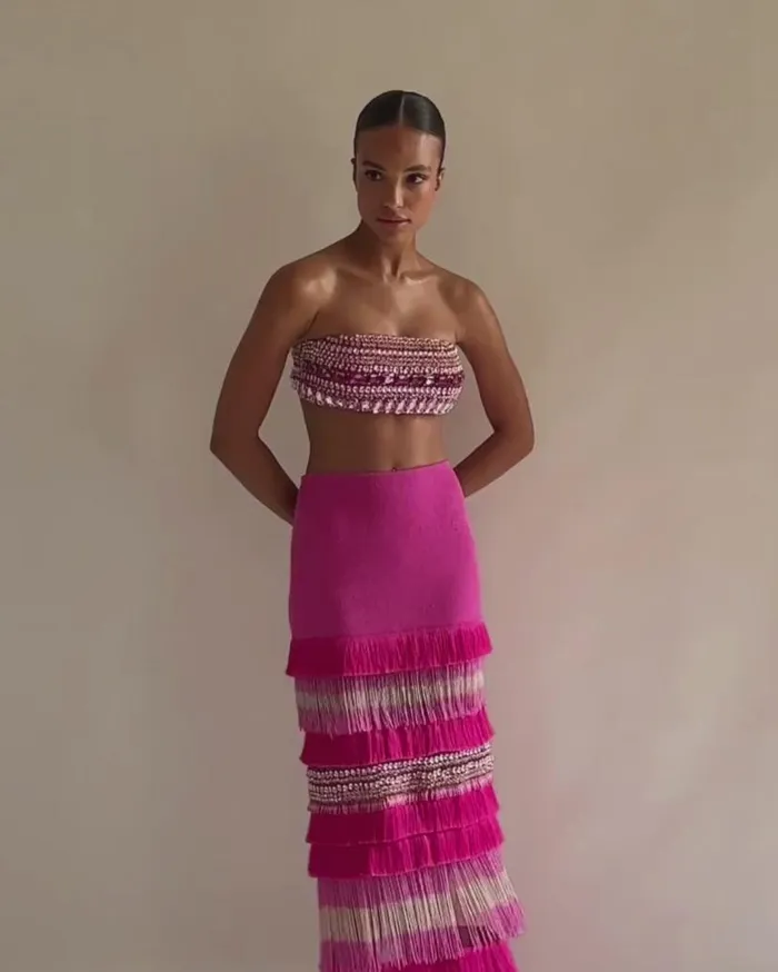 Ready To Wear HANDBEADED FRINGE TRIM MAXI SKIRT FINAL SALE PatBO Bottoms
