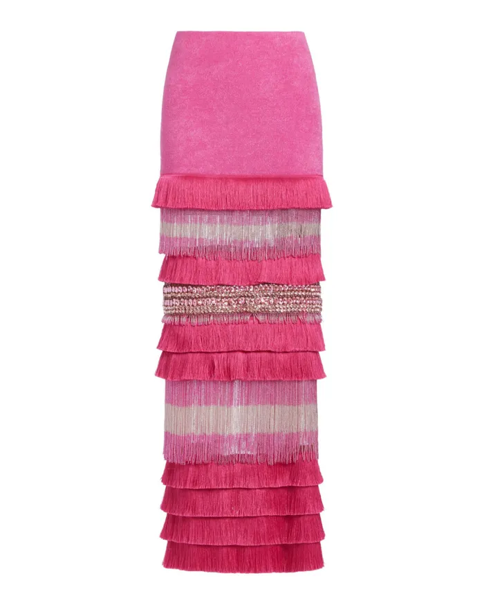 Ready To Wear HANDBEADED FRINGE TRIM MAXI SKIRT FINAL SALE PatBO Bottoms