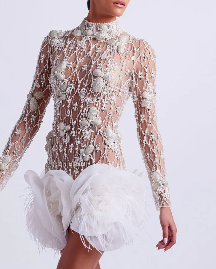 Ready To Wear HandBeaded High Neck Mini Dress PatBO Dresses and Jumpsuits