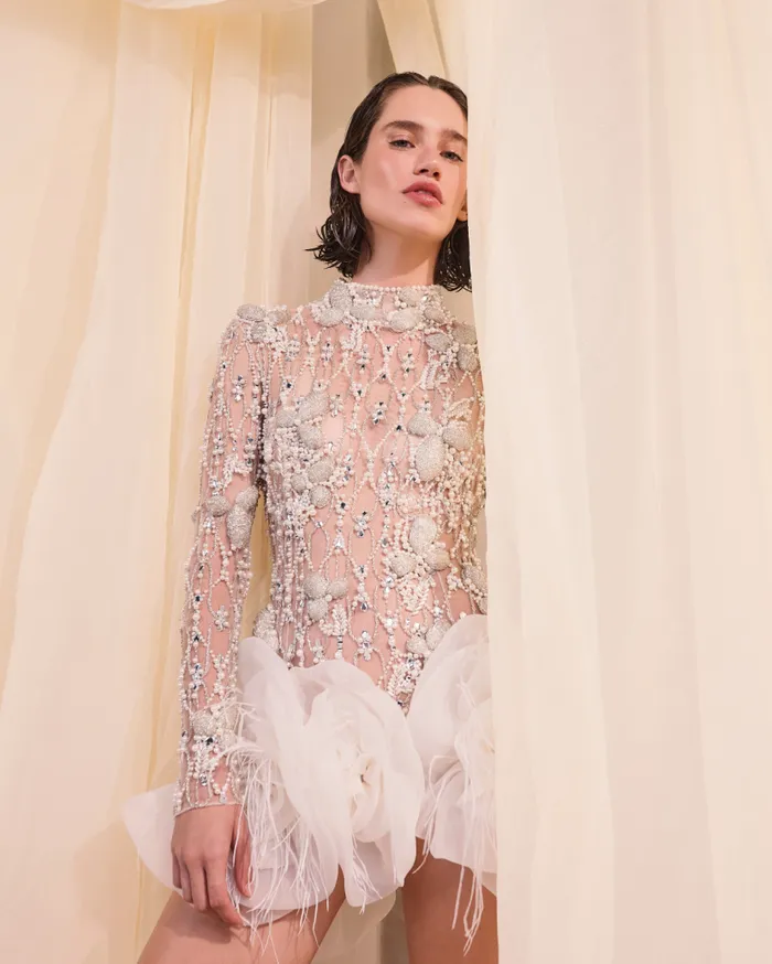 Ready To Wear HandBeaded High Neck Mini Dress PatBO Dresses and Jumpsuits