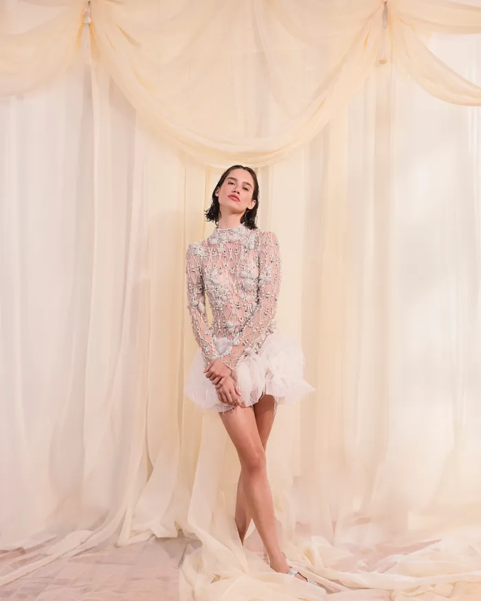 Ready To Wear HandBeaded High Neck Mini Dress PatBO Dresses and Jumpsuits