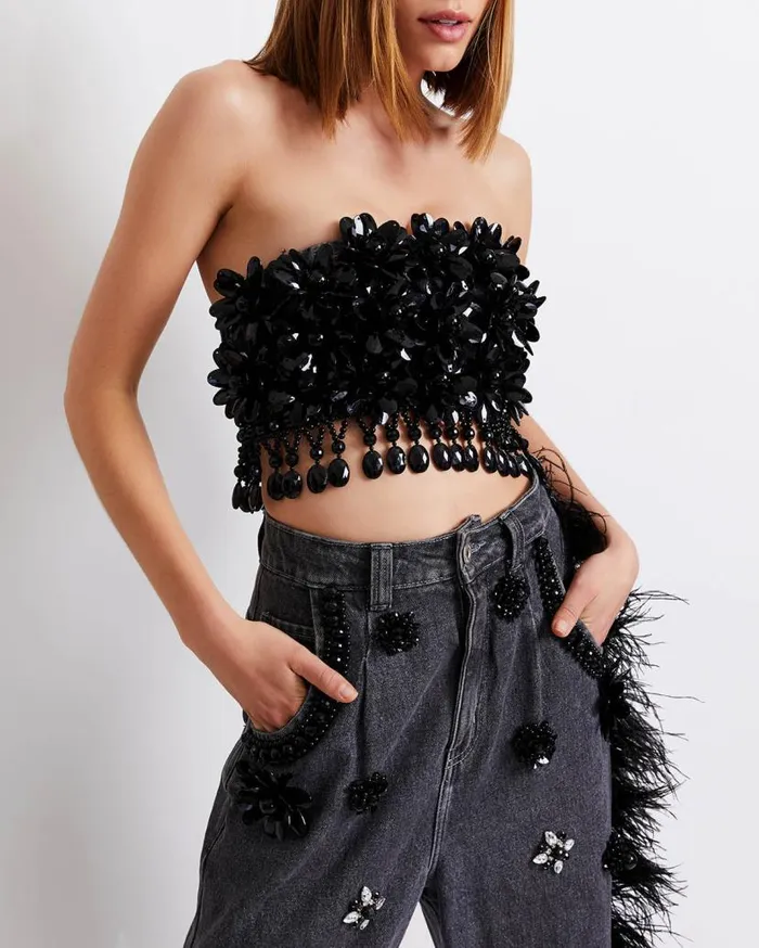 Ready To Wear HANDBEADED JEANS WITH FEATHER TRIM FINAL SALE PatBO Bottoms