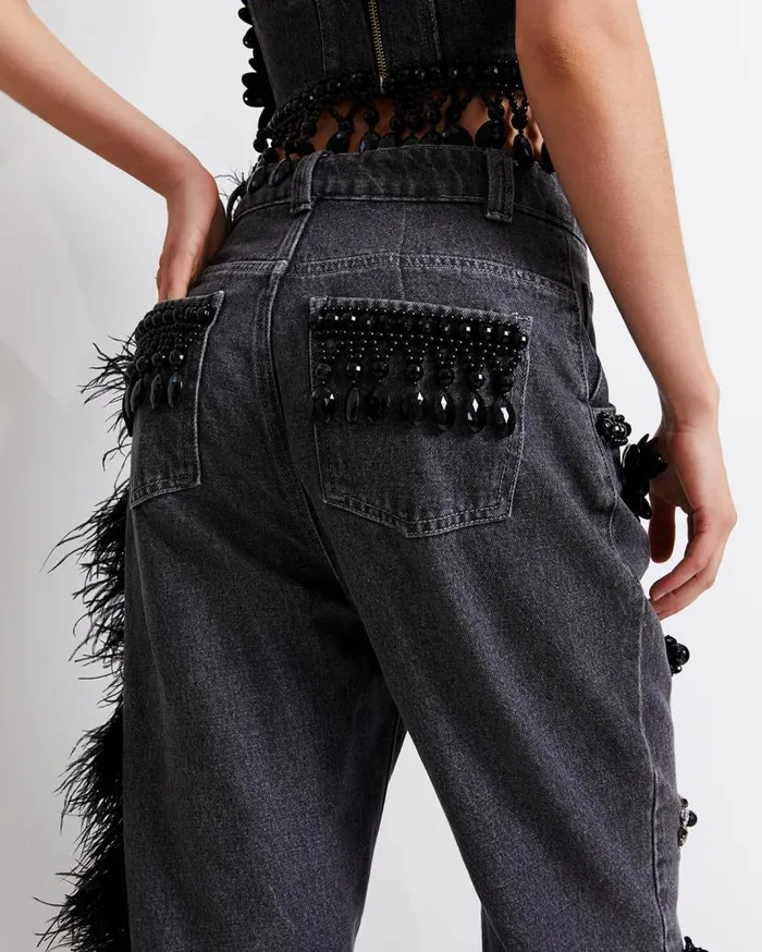Ready To Wear HANDBEADED JEANS WITH FEATHER TRIM FINAL SALE PatBO Bottoms