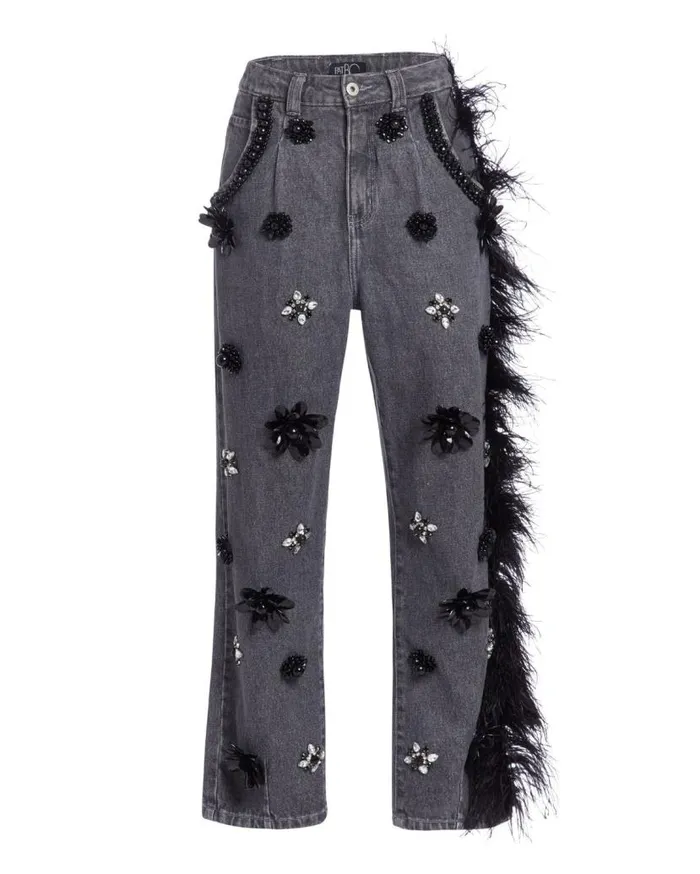 Ready To Wear HANDBEADED JEANS WITH FEATHER TRIM FINAL SALE PatBO Bottoms