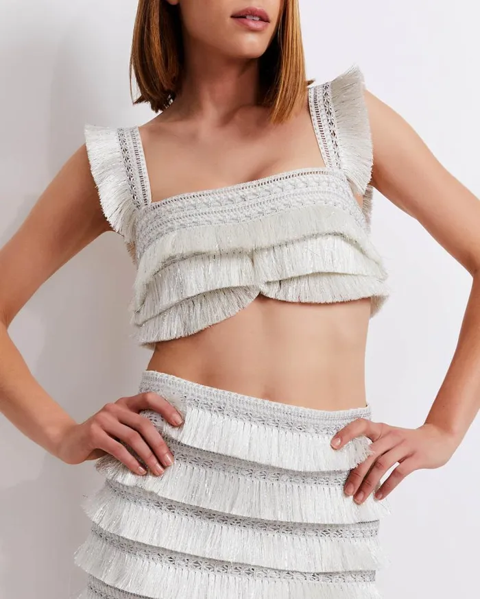Ready To Wear Metallic Fringe Cropped Top PatBO Tops and Bodysuits