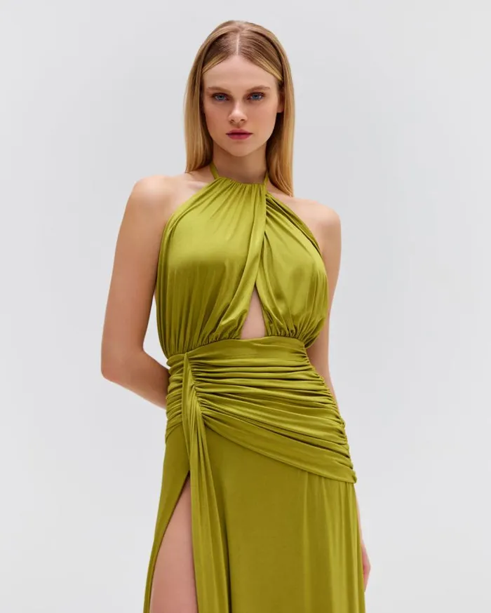 Ready To Wear Metallic Jersey Halterneck Maxi Dress PatBO Dresses and Jumpsuits