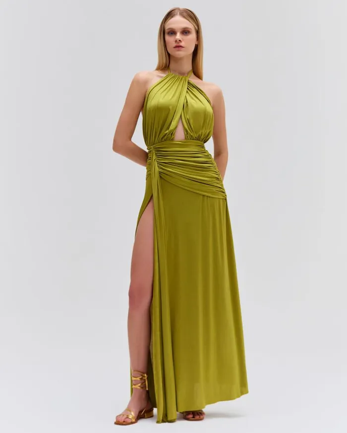 Ready To Wear Metallic Jersey Halterneck Maxi Dress PatBO Dresses and Jumpsuits