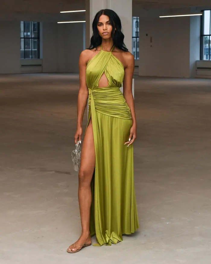 Ready To Wear Metallic Jersey Halterneck Maxi Dress PatBO Dresses and Jumpsuits
