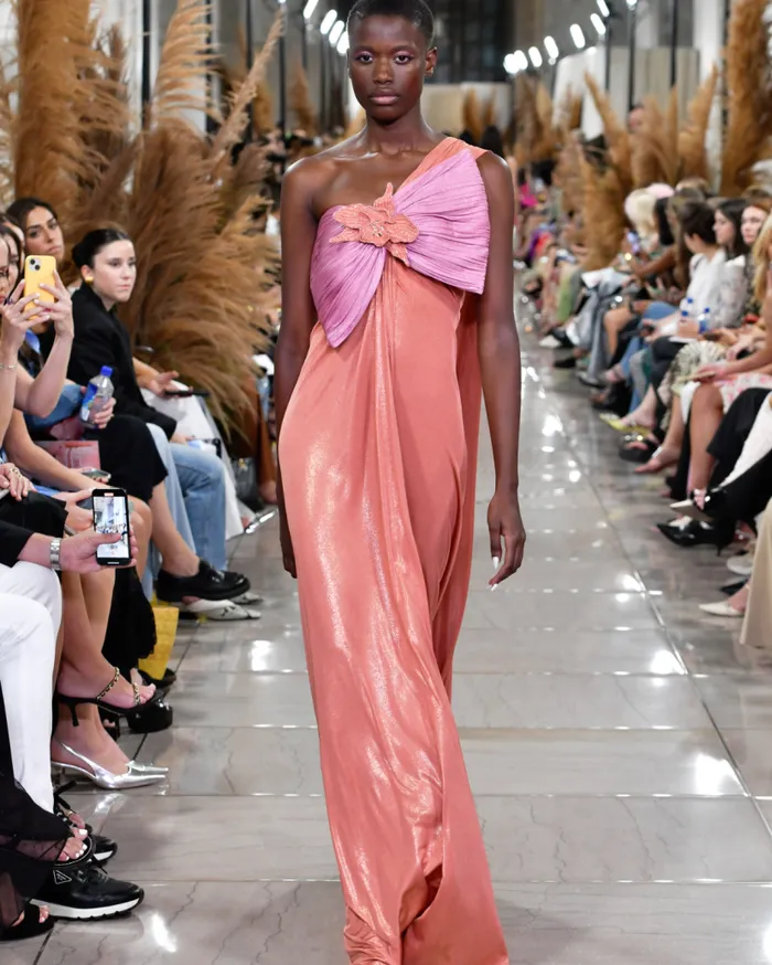 Ready To Wear Metallic Jersey One Shoulder Maxi Dress RUNWAY PatBO Dresses and Jumpsuits