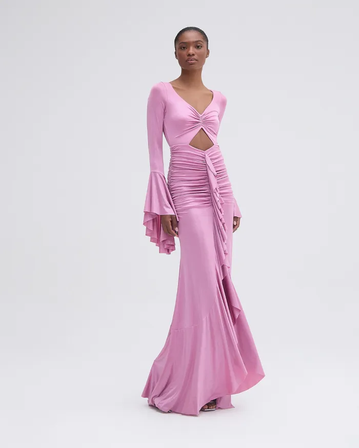 Ready To Wear Metallic Jersey Ruched Maxi Dress PatBO Dresses and Jumpsuits