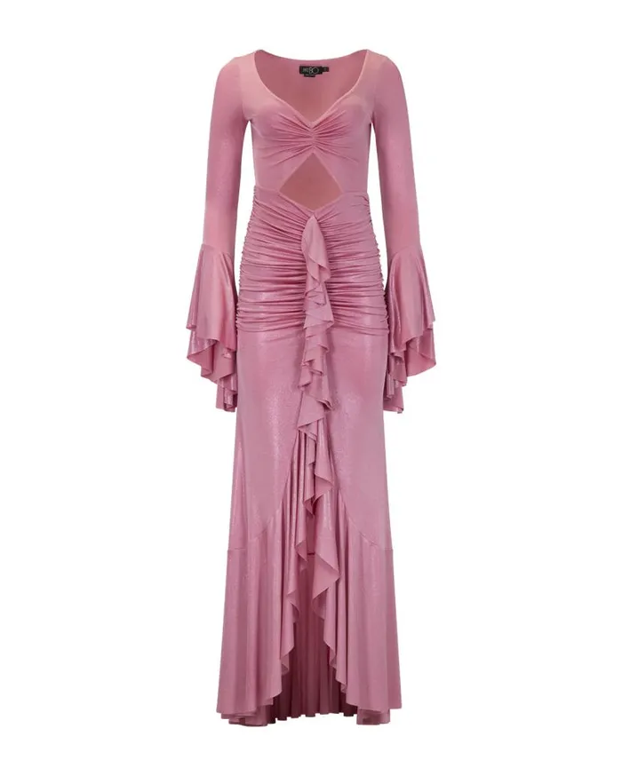 Ready To Wear Metallic Jersey Ruched Maxi Dress PatBO Dresses and Jumpsuits