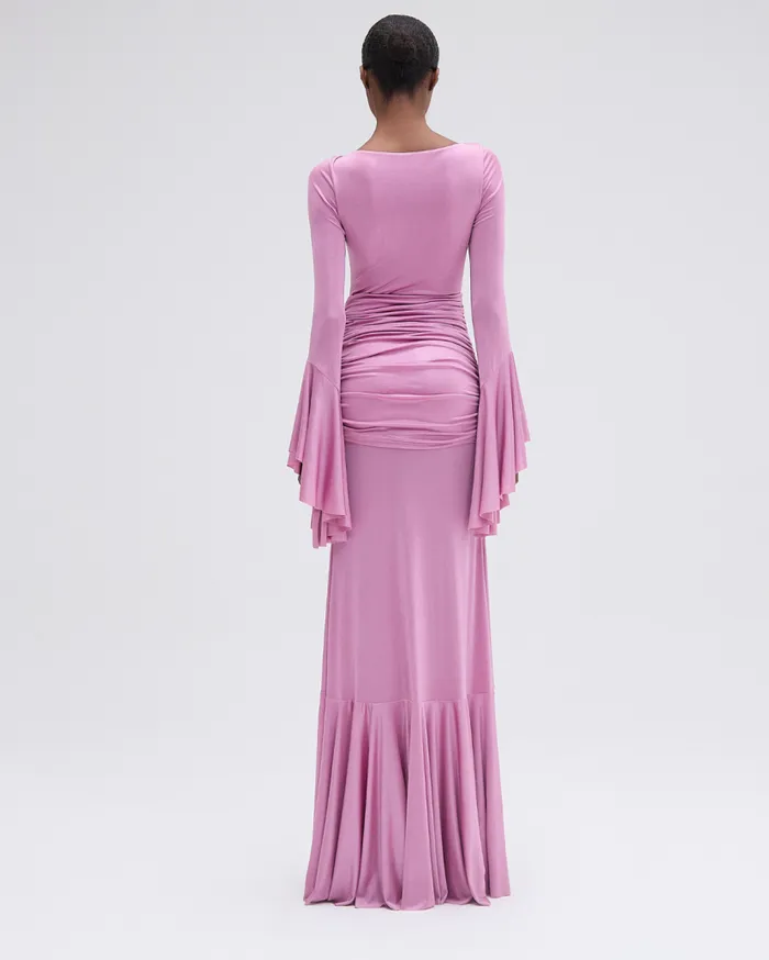 Ready To Wear Metallic Jersey Ruched Maxi Dress PatBO Dresses and Jumpsuits