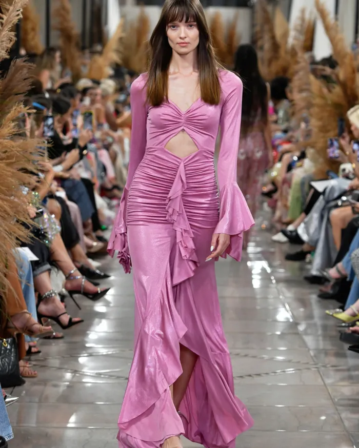 Ready To Wear Metallic Jersey Ruched Maxi Dress PatBO Dresses and Jumpsuits